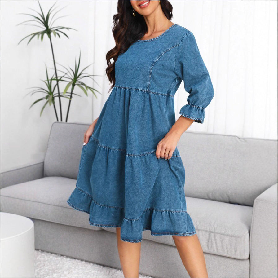 Women's tiered ruffle denim midi dress with elbow-length sleeves and gathered empire waist Amarae