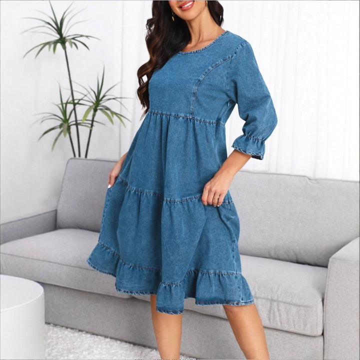 Women's tiered ruffle denim midi dress with elbow-length sleeves and gathered empire waist Amarae