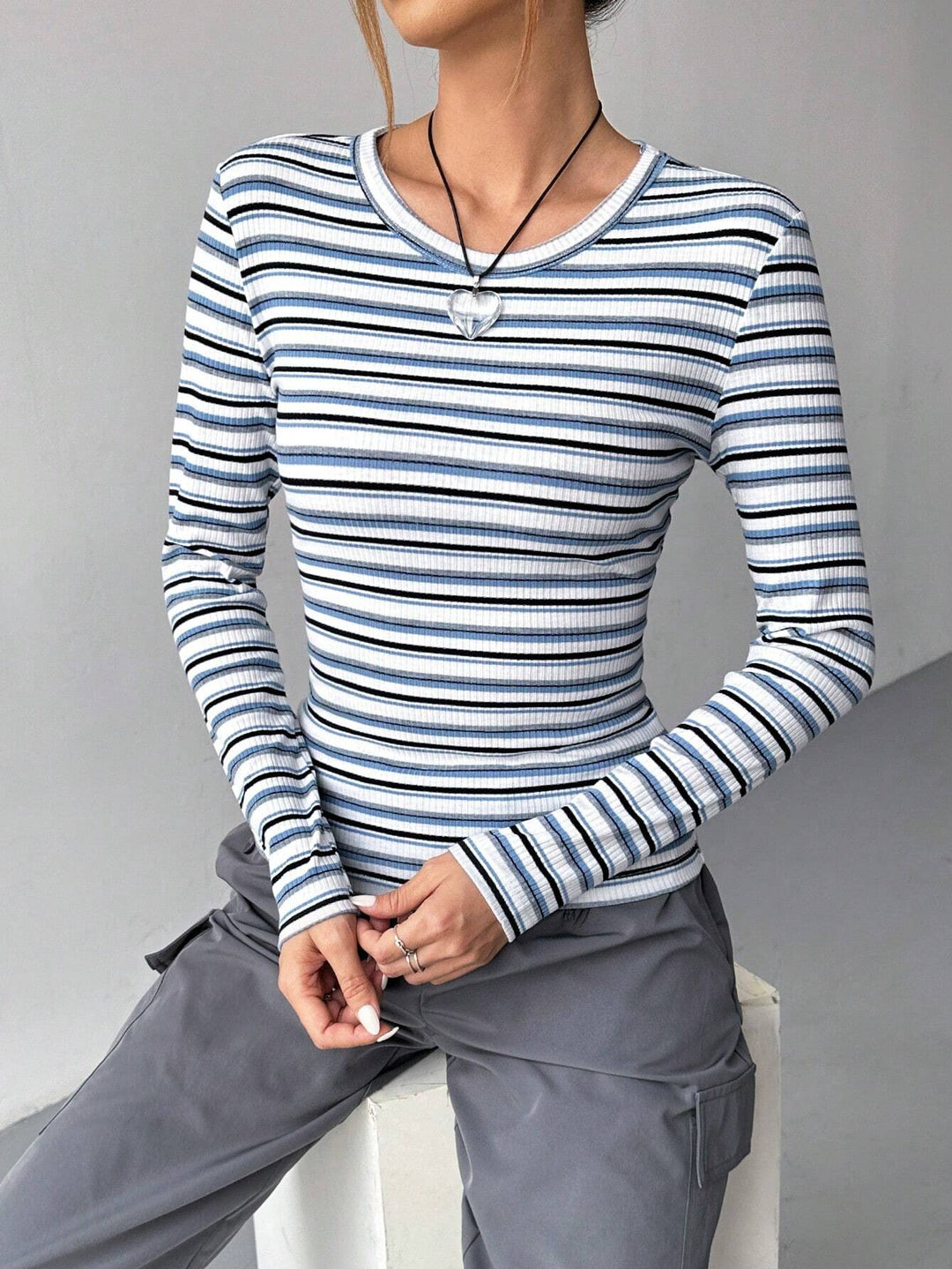 Women’s long sleeve striped ribbed texture top with round neck Lune London