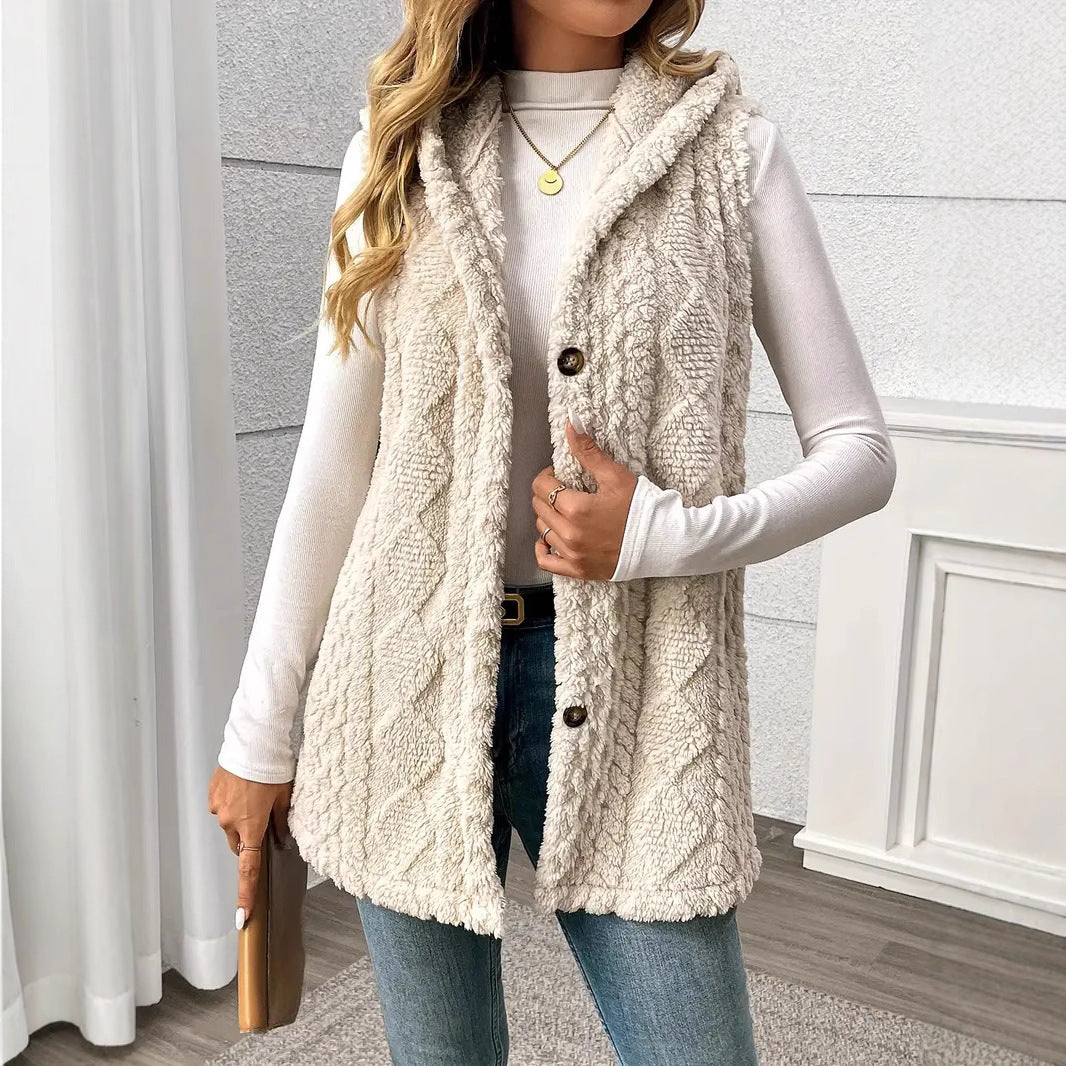 Fleece vest for women with hood and button closure Amarae