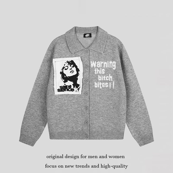 Women's knitted cardigan with shirt collar, button placket, and statement patch Amarae