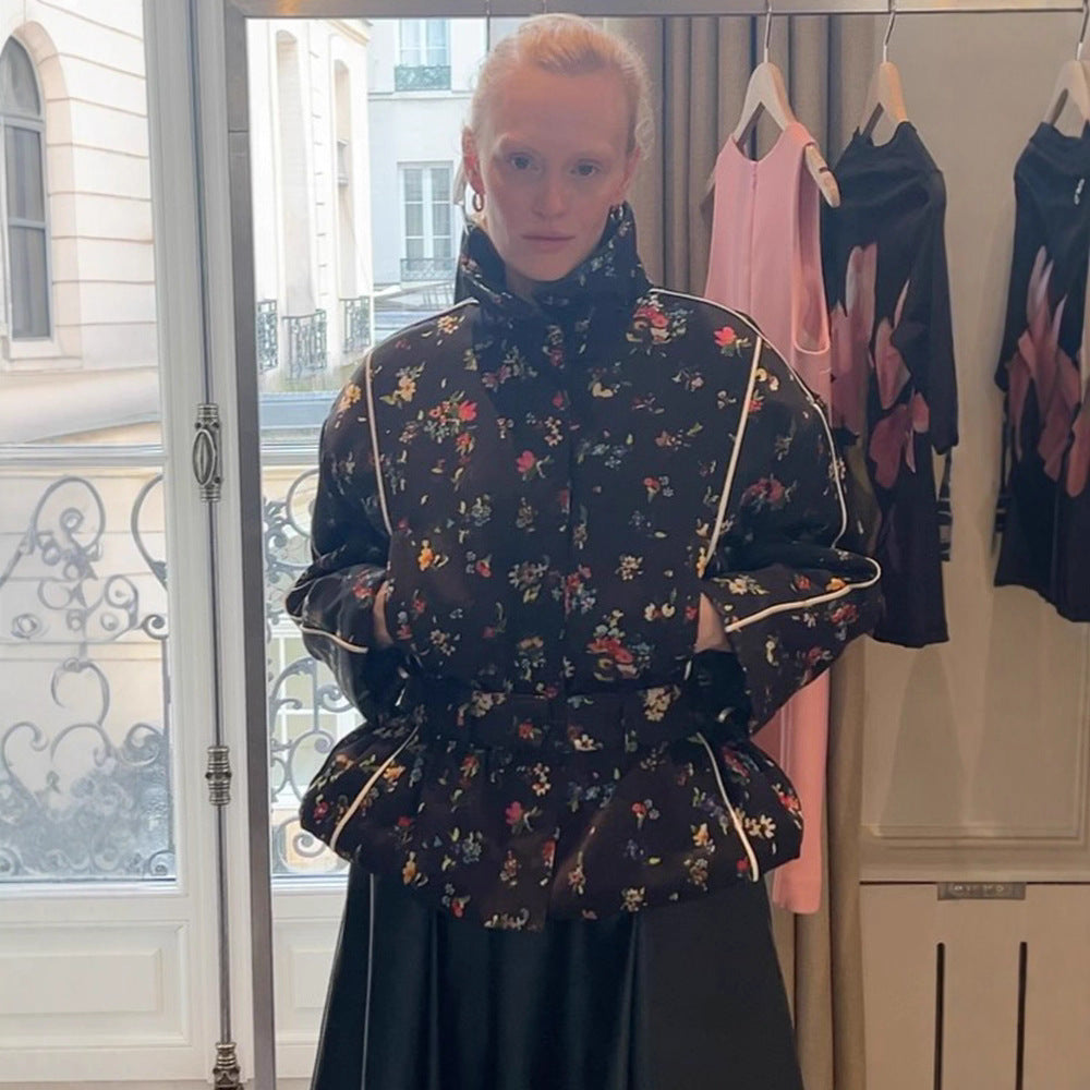 Women's short cut quilted blouson jacket with high standing collar, piping and floral all-over print Amarae