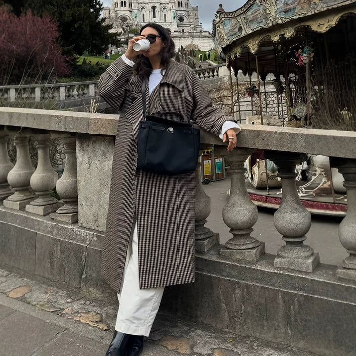 Women Oversize Coat in Glencheck with Wide Lapels and Dropped Shoulder Amarae