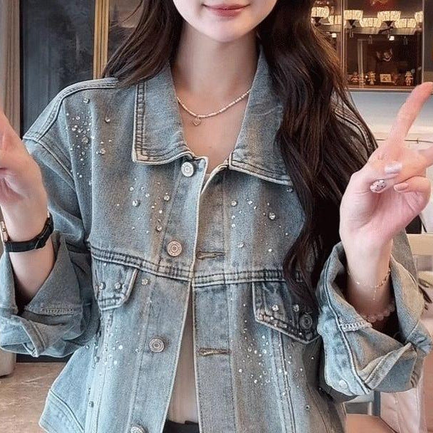 Veste en denim pour femme avec perles décoratives Chic & Stil