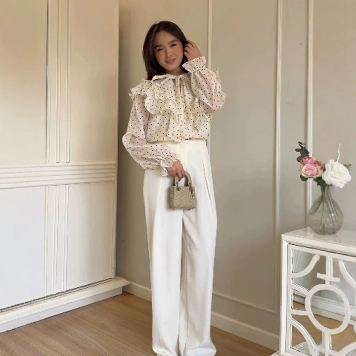 Women Ruffle Blouse with Bow Collar and Polka Dot Pattern Amarae