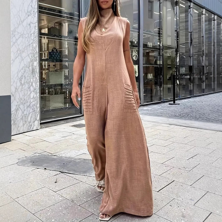 Lune London Women's Airy Maxi Jumpsuit with Decorative Pleats and Side Pockets