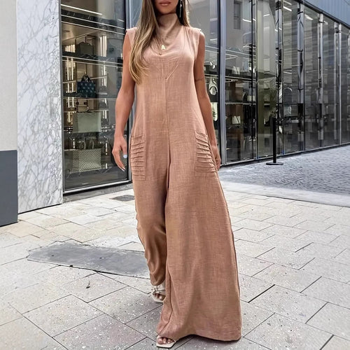 Amarae Women's Airy Maxi Jumpsuit with Decorative Pleats and Side Pockets