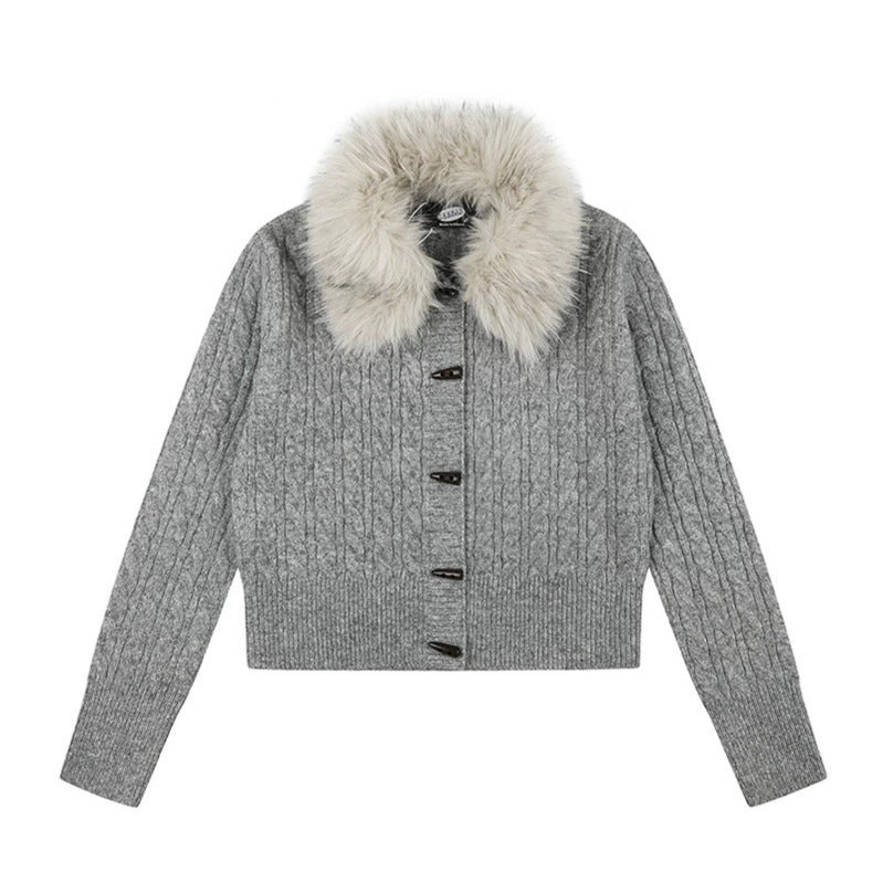 Women's Short Cable Knit Cardigan with Removable Faux Fur Collar and Toggle Button Closure Amarae