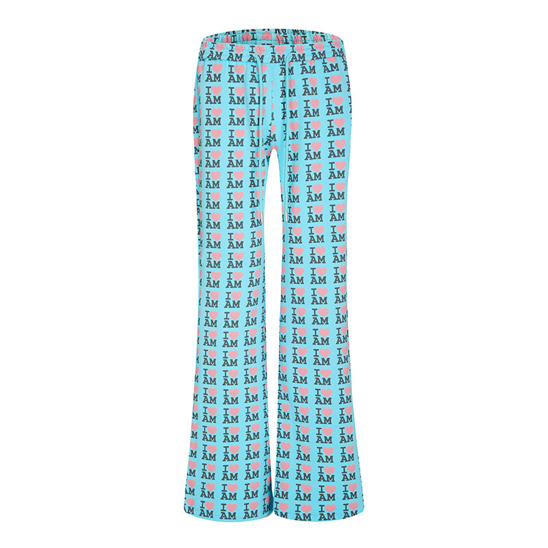 Women's High-Waist Lounge Pants with Flared Leg Cut, Drawstring and Allover Statement Print Amarae