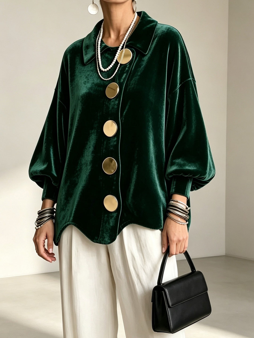 Women's Oversized Velvet Jacket with Large Decorative Buttons and Balloon Sleeves Amarae