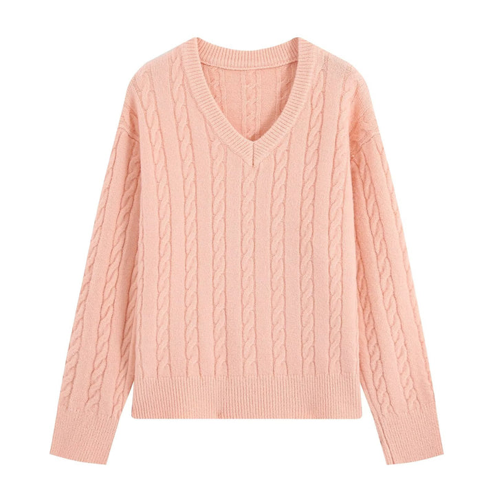 Women's Oversize Cable Knit Sweater with V-Neck and Wide Ribbed Cuff Amarae
