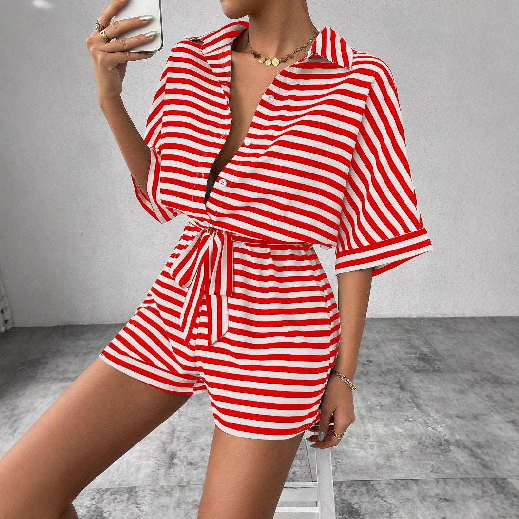Ladies Elegant Chic Striped Short Overalls