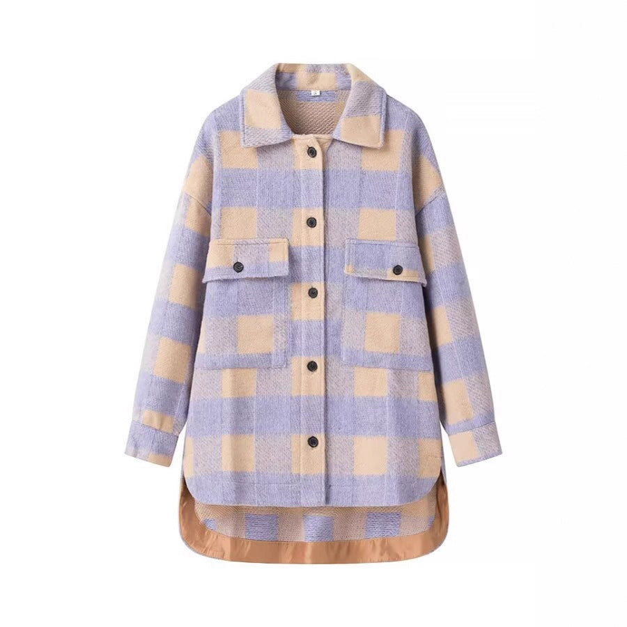 Women's Checked Oversized Transitional Jacket in Shacket Style Amarae