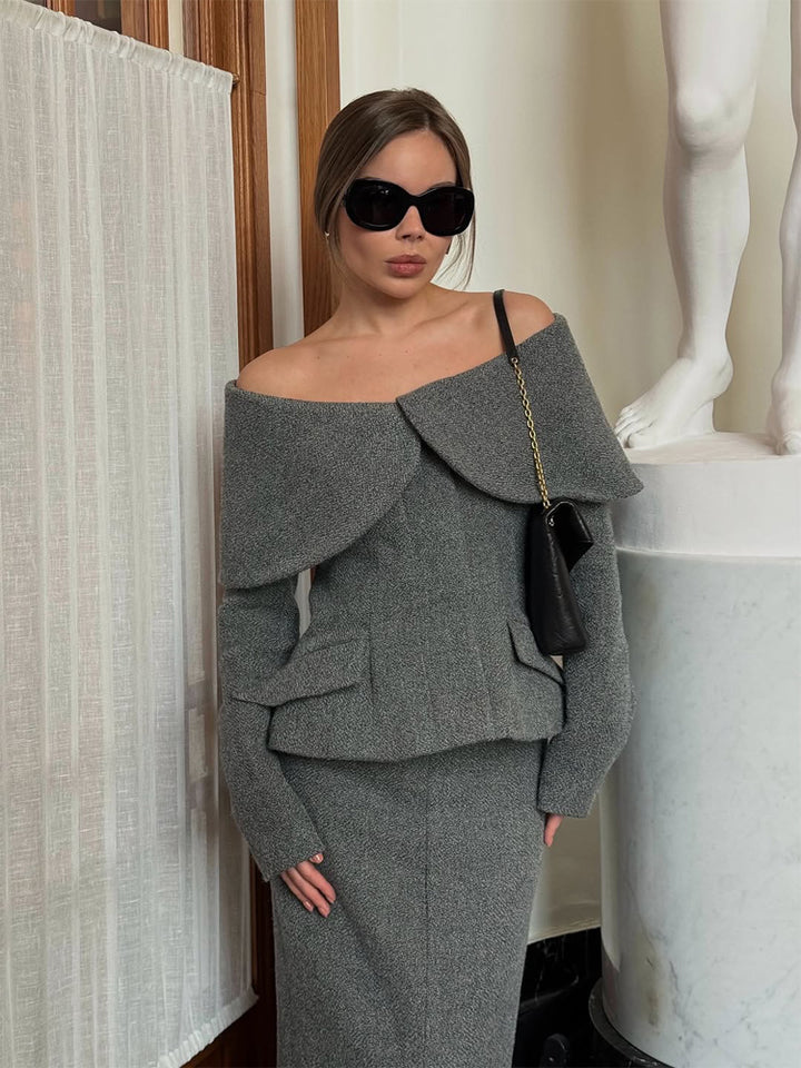 Women Elegant Boucle Set with Off-Shoulder Jacket and Fitted Pencil Skirt Amarae
