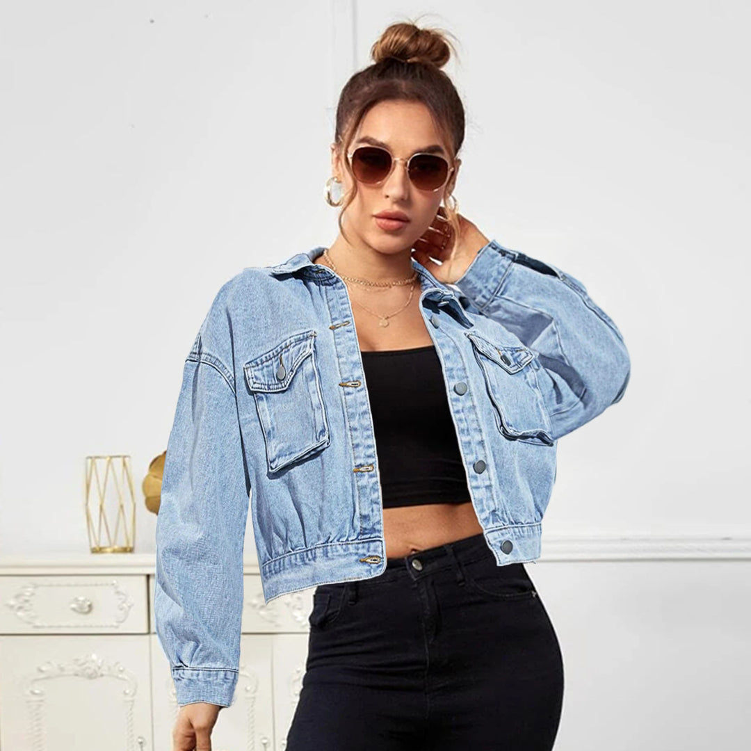 Women Cropped Boxy Denim Jacket with Patch Chest Pockets and Short Hem Amarae