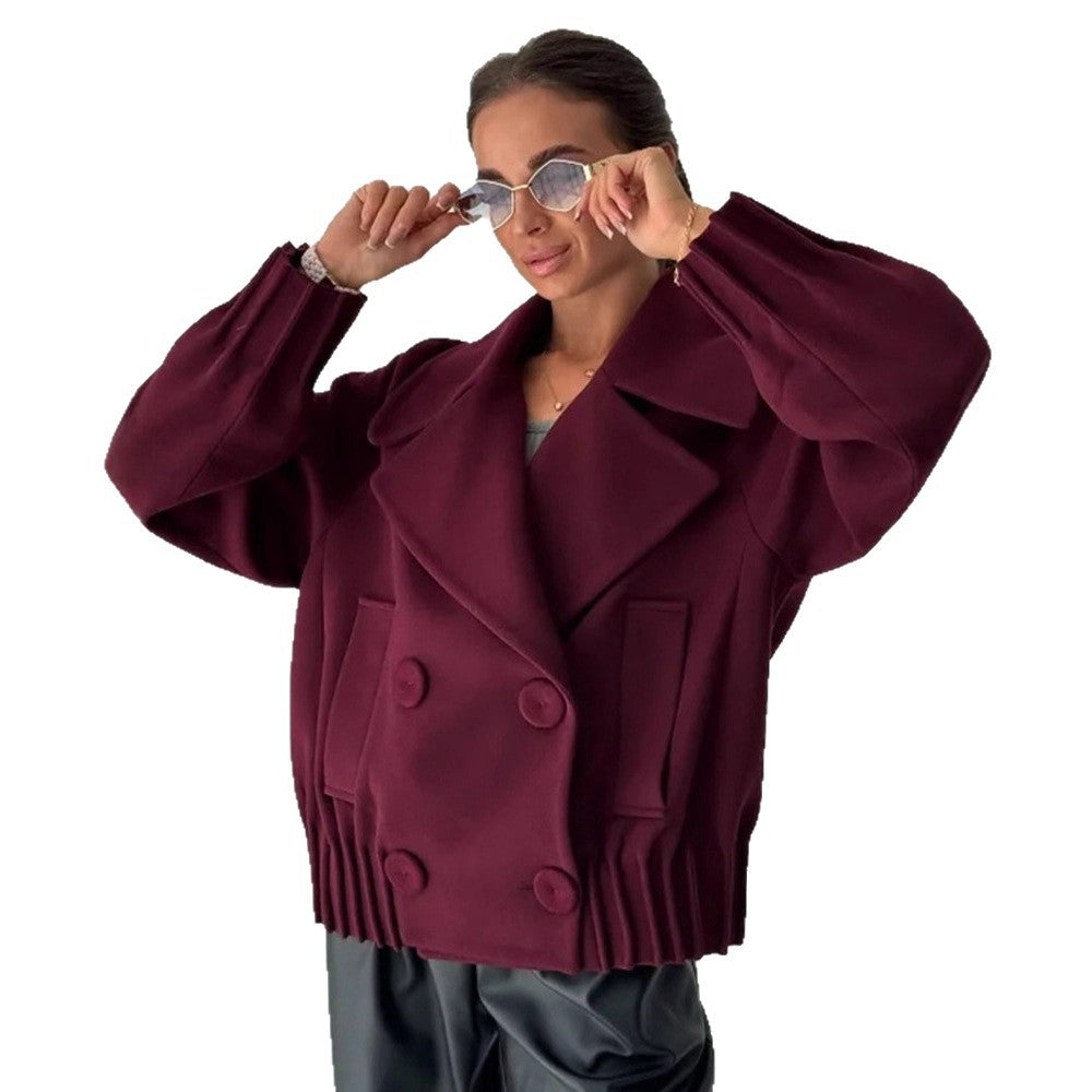 Women's Short Boxy Wool Coat with Oversized Shawl Collar, Double Button Placket and Ribbed Cuff Amarae