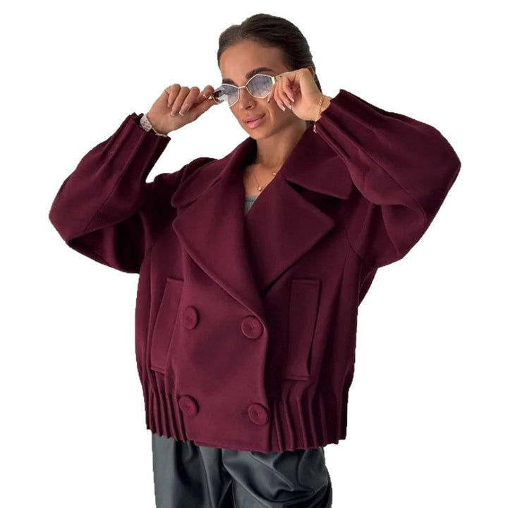 Women's Short Boxy Wool Coat with Oversized Shawl Collar, Double Button Placket and Ribbed Cuff Amarae