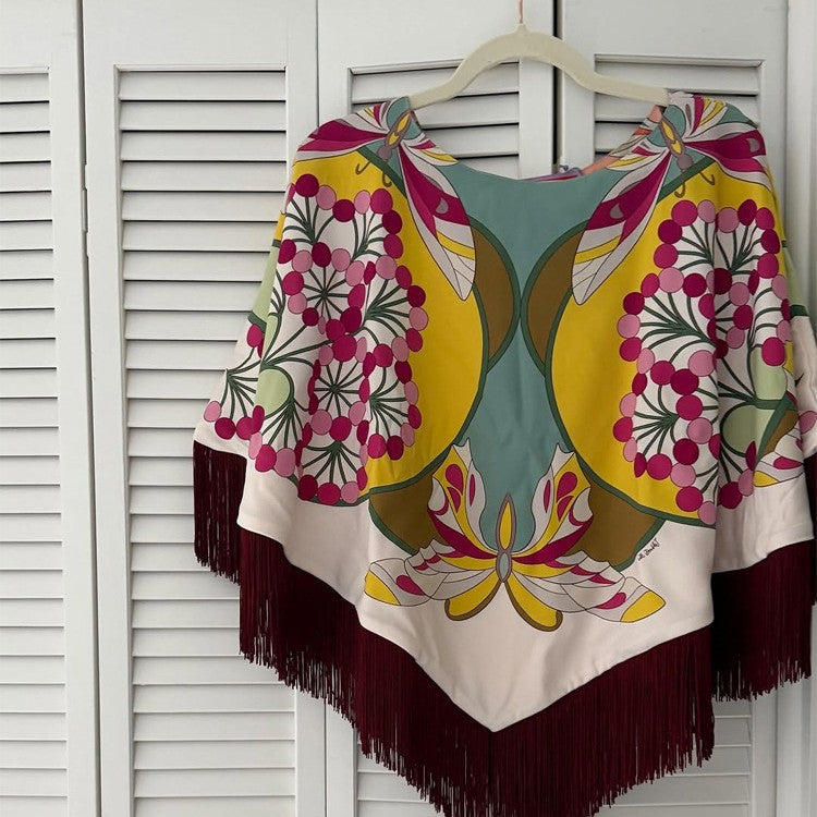 Ladies Silk Print Poncho with Retro Floral Pattern and Long Fringes Amarae