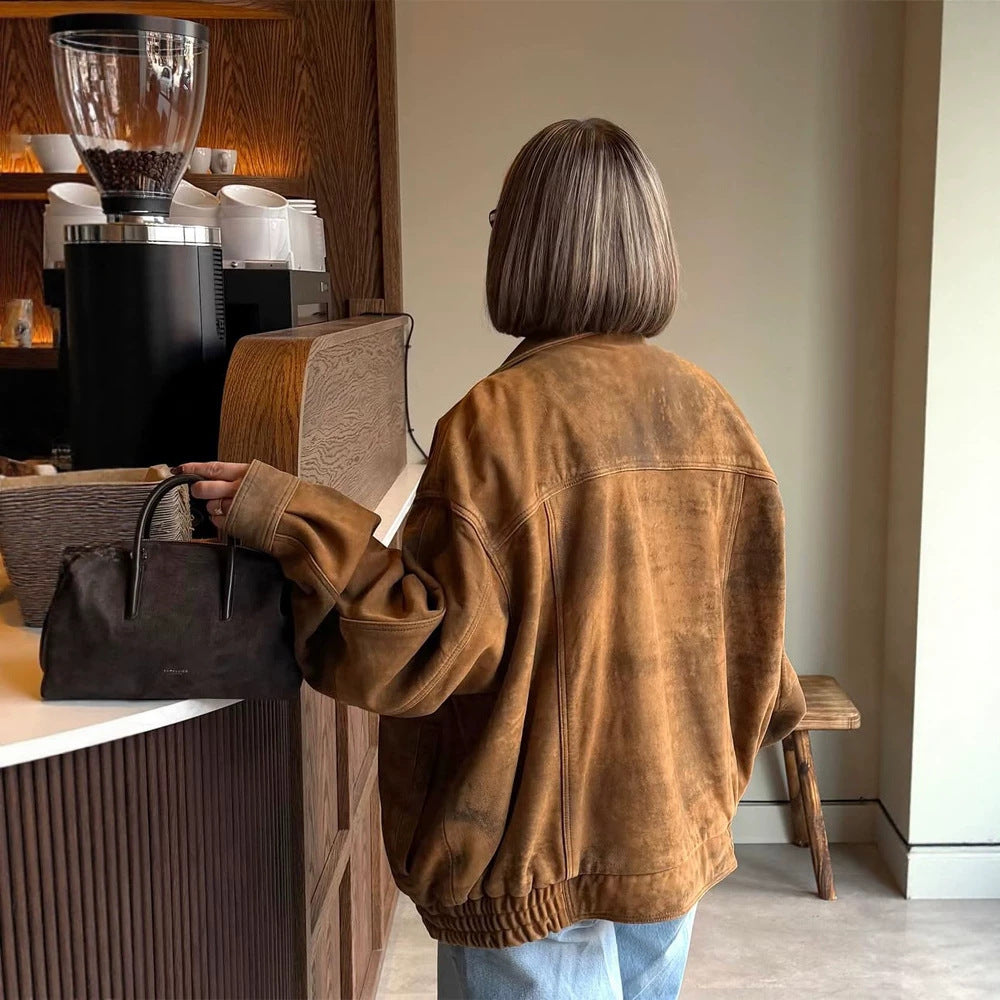 Ladies Oversize Suede Bomber Jacket with Elastic Hem Amarae