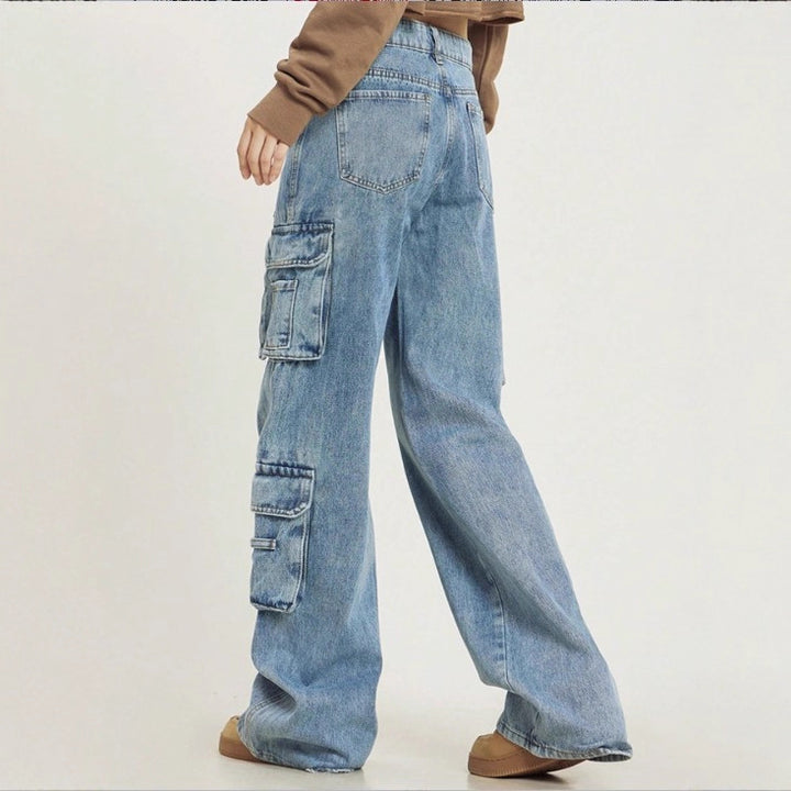 Women's High-Cut Baggy Cargo Jeans with Multiple Utility Pockets Amarae