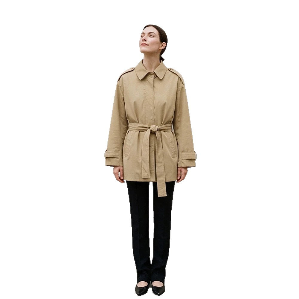 Women's short trench coat with waist belt, shoulder flaps, and adjustable cuffs Amarae