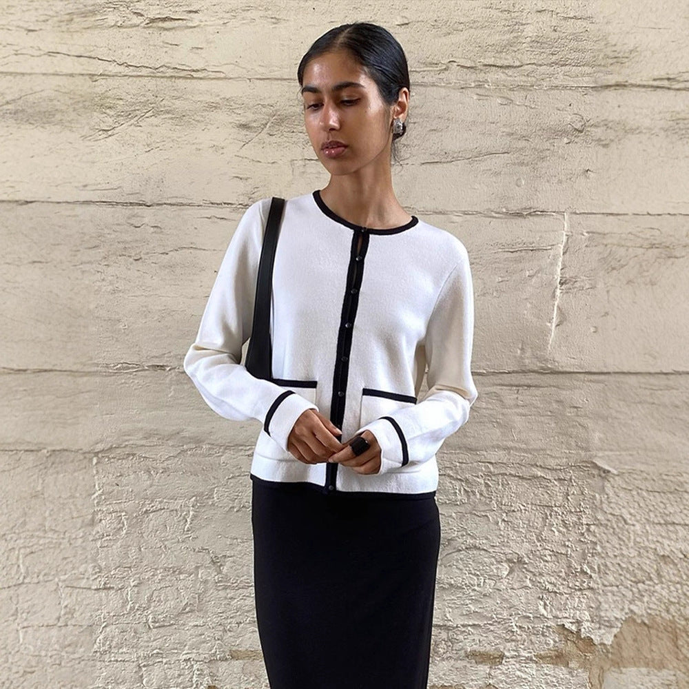 Women Fine Contrast Button Placket Cardigan with Piping and Applied Pockets Amarae