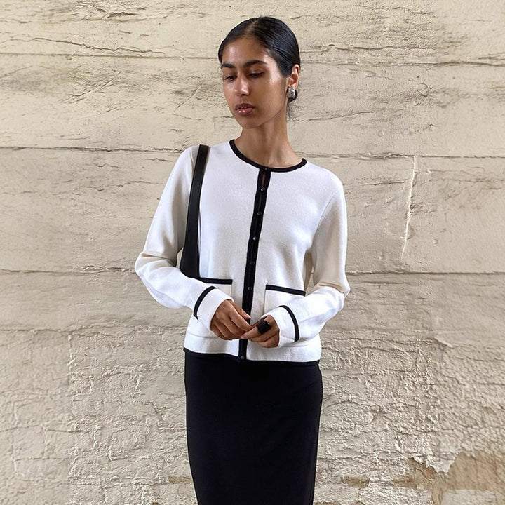 Women Fine Contrast Button Placket Cardigan with Piping and Applied Pockets Amarae