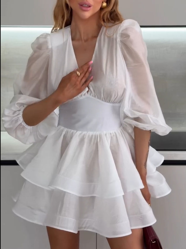 Ladies Short Ruffle Mini Dress with Fitted Corset Waist, V-Neck and Voluminous Puff Sleeves Amarae