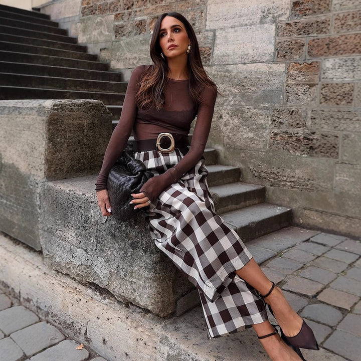 Women's Checked High-Waisted Palazzo Pants with Wide Leg & Pleats Amarae