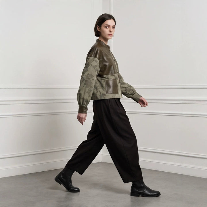 Women's short jacket in leather look and jacquard with stand-up collar Amarae