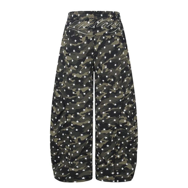 Women's casual palazzo pants in balloon cut with camouflage star print and adjustable hem drape