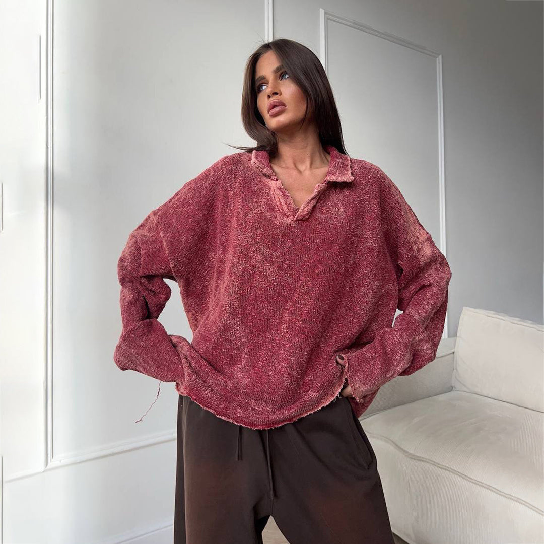 Casual oversized sweater for women with ruffled hem and V-neck Lune London