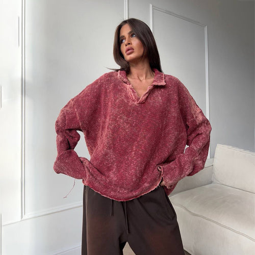 Casual oversized sweater for women with ruffled hem and V-neck Amarae