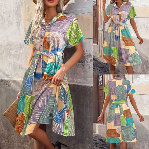 Sleeveless dress for women with geometric pattern and tie belt Amarae