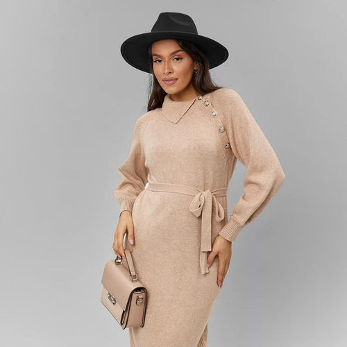 Knit dress for women with fitted belt and decorative button details Amarae