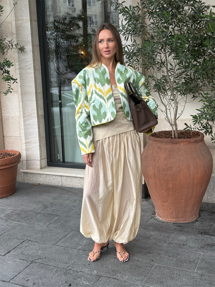 Women’s short jacket with Ikat pattern, boxy silhouette, and light cotton blend Amarae