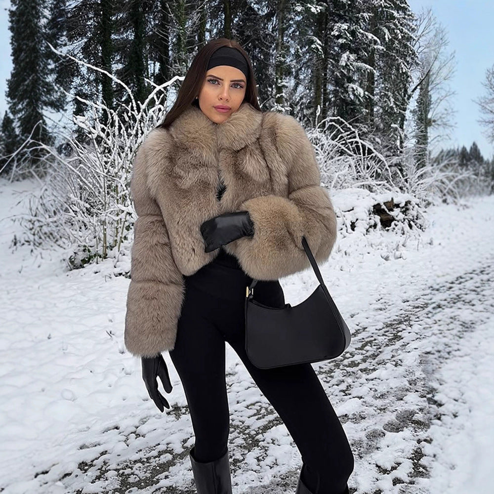 Women's Short Cut Luxury Faux Fur Blouson with Voluminous Shawl Collar Amarae