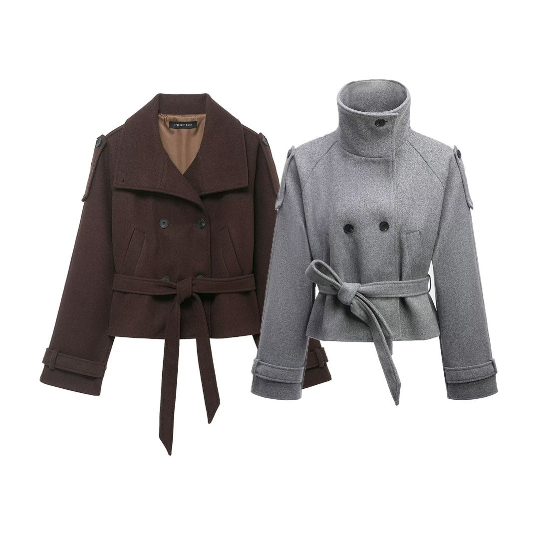 Women's Cropped Wool Blend Short Coat with High Stand-up Collar, Epaulettes, and Waist Belt Amarae