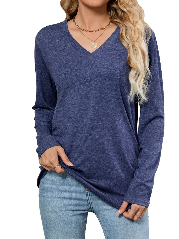 Women's Viscose Blouse with Long Sleeves and Fashionable V Neck and Chic Loose Fit