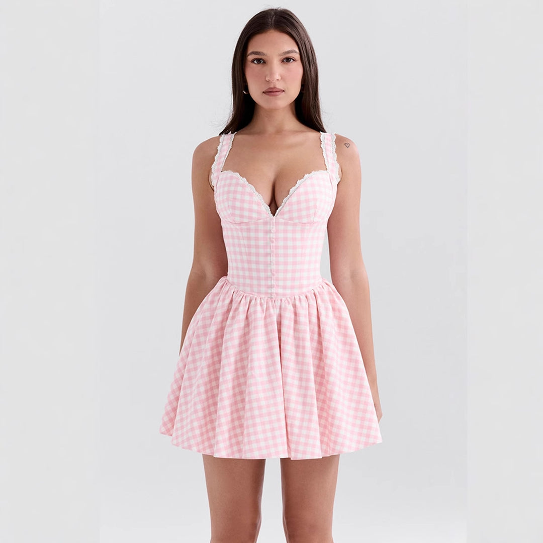 Women's Playful Checkered Dress with Deep V-Neck and Ruffle Details Lune London