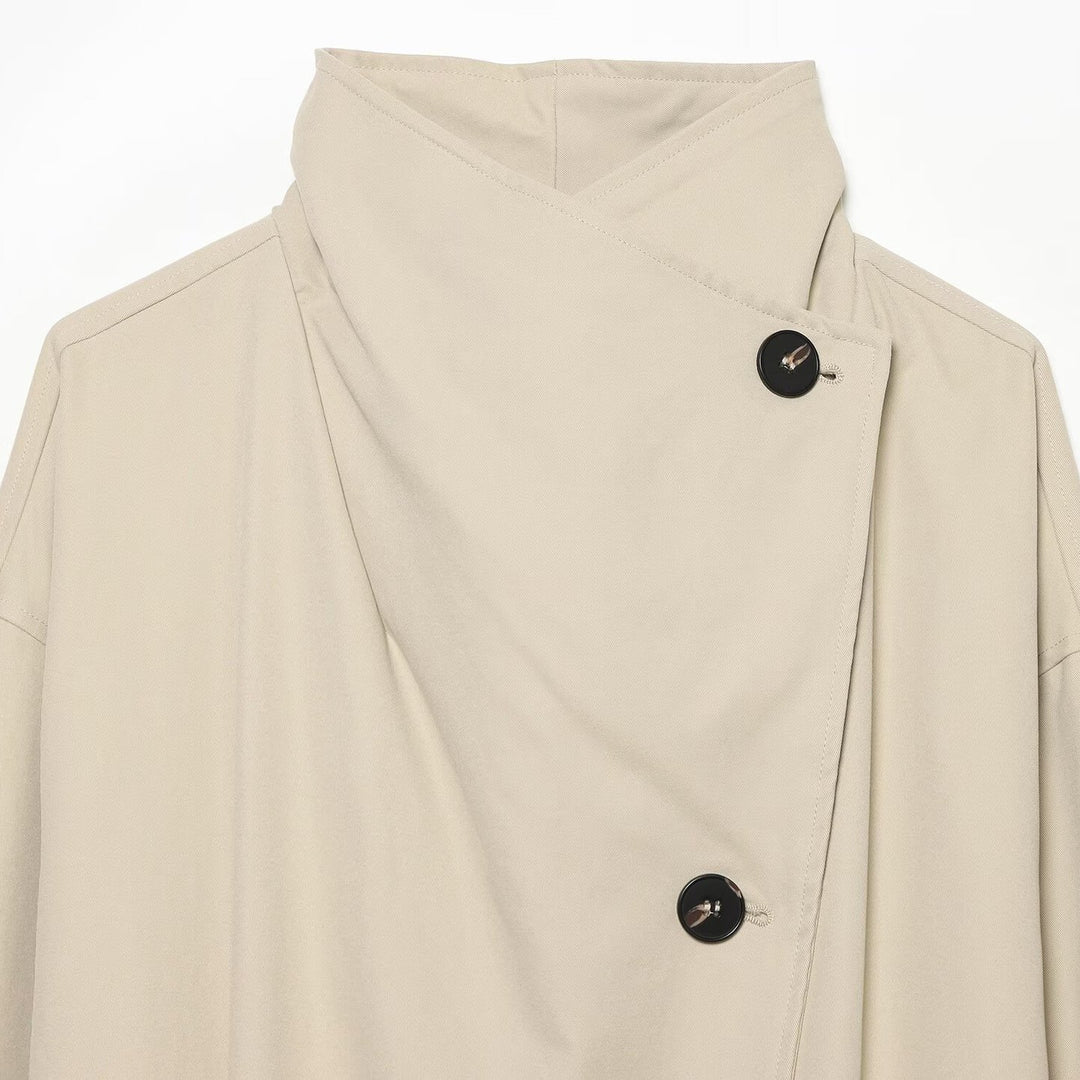 Women's Wide-Cut Trench Coat with Funnel Collar, Asymmetrical Button Placket, and Tied Belt Amarae