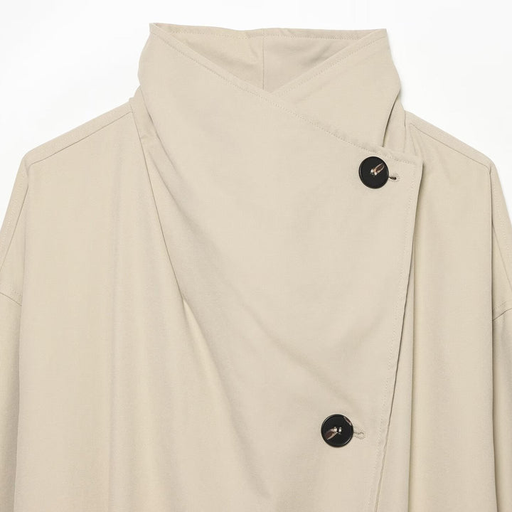 Women's Wide-Cut Trench Coat with Funnel Collar, Asymmetrical Button Placket, and Tied Belt Amarae