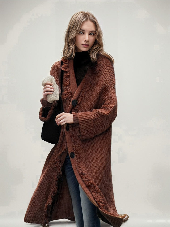 Casual knit coat for women with fringed finishes and large pockets Lune London