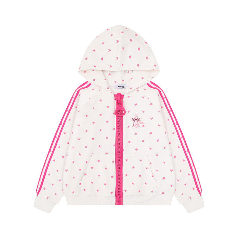 Women's hoodie sweatshirt with star all-over print, wide contrast zipper and side stripes Amarae