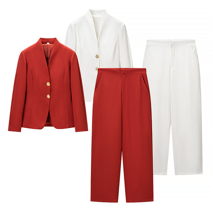 Women's Two-Piece Tailored Suit Set with Stand Collar, Shaping Jacket and Wide Palazzo Pants Amarae