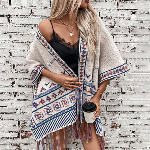 Women elegant poncho with colorful ethnic pattern Amarae