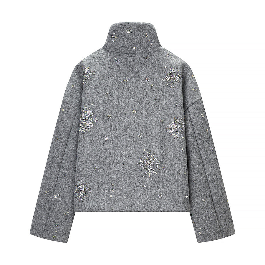 Women's Short Embroidered Wool Blend Boxy Coat with Stand Collar Amarae