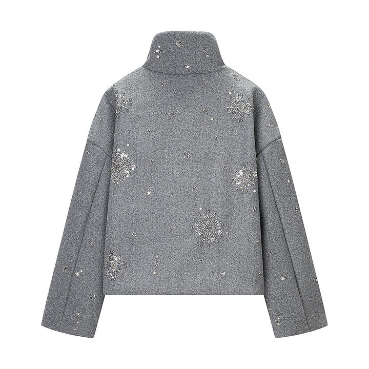 Women's Short Embroidered Wool Blend Boxy Coat with Stand Collar Amarae