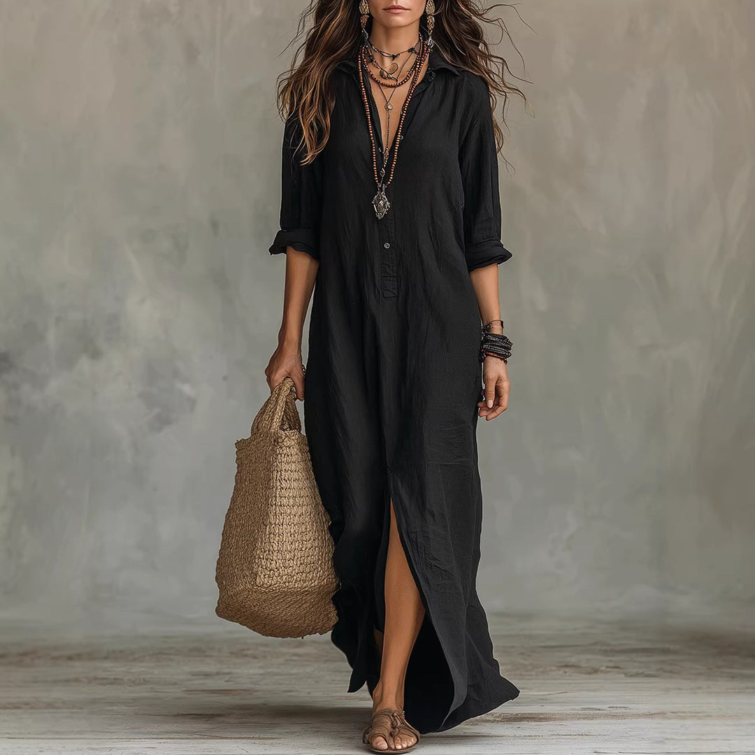 Women's Long Shirt Dress with Button Closure and Side Slit Lune London