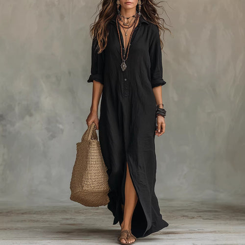 Women's Long Shirt Dress with Button Closure and Side Slit Amarae